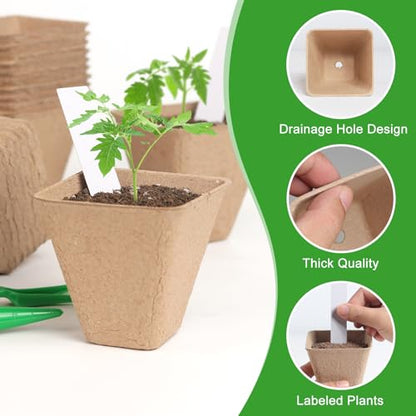KOAMLY Square Peat Nursery Pots 150 Pcs 3in Biodegradable and Label, Used for Outdoor Gardens in Plant Nurseries