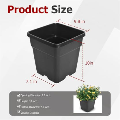findmall 3 Gallon Square Black Nursery Pots Plant Pots Grow Pots Nursery Container for Planting Soil Plants 10 Pcs - color: Black, size: 3 Gallon