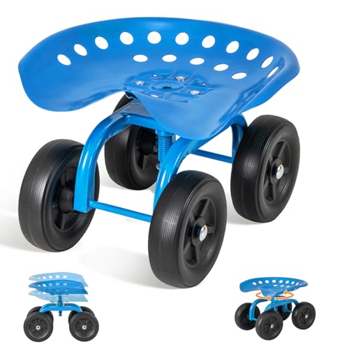 ERGOMASTER Garden Seat with Wheels, Adjustable Height & 360° Swivel, Iron Frame, Blue - color: Blue