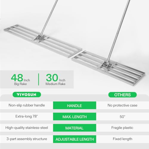 VIVOSUN 30" Lawn Leveling Rake, 30" x 10" x 78" Heavy-Duty Stainless Steel Lawn Leveler with 7FT Adjuatble Long Handle for High Effect, Metal Levelawn for Smooth Soil, Rustproof Rakes for Garden Yard - style: 30" x 10" Leveling Rake