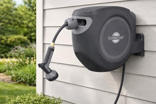 Sunneday SW-30B 100ft Retractable Hose Reel 5/8 | Automatic Retractable w/Wall Mount | Easy to Assemble Reel w/Flexible Swivel Mount