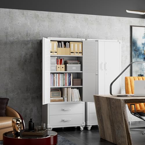 Aobabo Upgraded Metal Garage Storage Cabinet with Wheels and 2 Drawers, Lockable Rolling Tools Cabinet with Pegboards and Hooks,Assembly Required,White - color: White, size: 15"D x 30"W x 71"H-2 Drawers