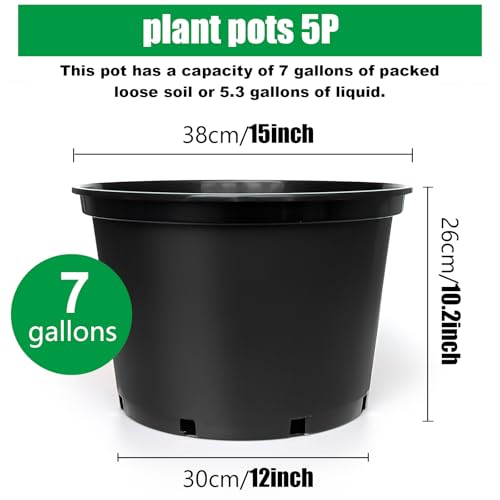 RooTrimmer 7 Gallon Plastic Nursery Pots, 15 Inch Large Plastic Pots for Plants, Round Plant Pots with Drainage Holes, Flower Pots for Outdoor Indoor Plants, Gardening Gifts for Women (5-Pack, Black) - size: 7Gallon-5P-Black