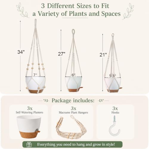 Bouqlife 3 Set Self Watering Hanging Planters for Indoor Plants - color: Self Watering White, size: Medium