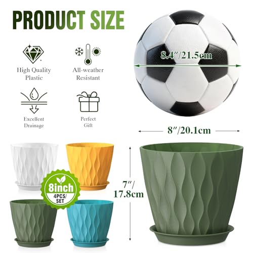 8 Inch Plant Pots 4 Pack Plastic Planters with Drainage & Saucers - color: Multicolor