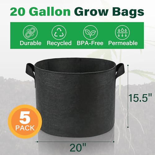 LotFancy 5-Pack 20 Gallon Grow Bags, 300G Thickened Nonwoven Fabric Pots with Reinforced Handles, Heavy Duty Aeration Planter Bags for Vegetables Flowers Fruits, Black - size: 20 Gallon（Pack of 5）