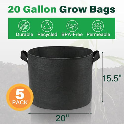 LotFancy 5-Pack 20 Gallon Grow Bags, 300G Thickened Nonwoven Fabric Pots with Reinforced Handles, Heavy Duty Aeration Planter Bags for Vegetables Flowers Fruits, Black - size: 20 Gallon（Pack of 5）
