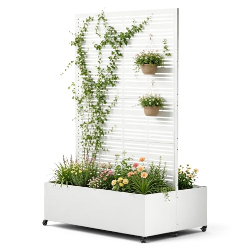 Double Metal Planter Box with Trellis Privacy Screen, Raised Garden Bed with Trellis & Wheels, Privacy Planters for Patio, Planter Box for Climbing Plants, Flower, 73"x 47"x 30", White Line - color: White Line, size: 73"x 47"x 30"