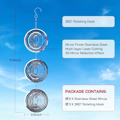 Bird Deterrents for Outside, Reflective 3D Stainless Steel Wind Spinners, Garden Decor, Bird Scare Devices to Keep Woodpeckers, Pigeons Away from Your House, Patio, Orchards