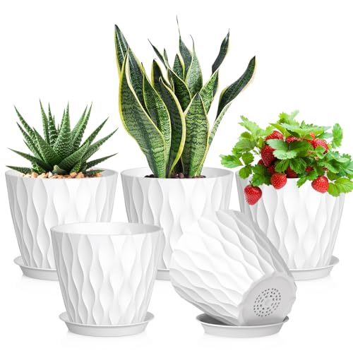 Meowell 7 inch Plant Pots for Indoor Outdoor Plants, 5 Pack Thick Nursery Pots with Drainage Holes and Saucers, 3D Modern Wave Texture Plastic Planter Pots for Flowers and House Plants, White - color: White, size: 7 inch 5 pieces