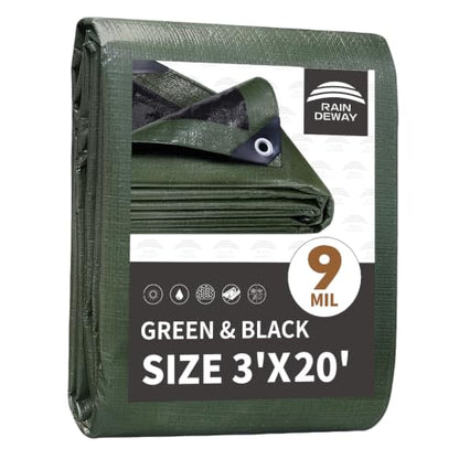RAINDEWAY 3x20 Feet Tarp Waterproof,9Mil Green/Black Poly Tarps Cover - color: Green/Black, size: 3x20 Feet-Finished size