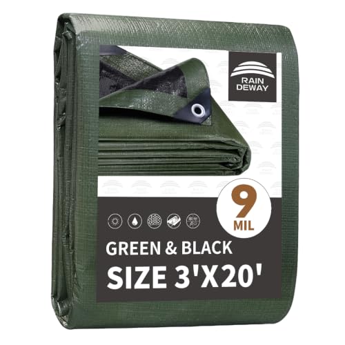 RAINDEWAY 3x20 Feet Tarp Waterproof,9Mil Green/Black Poly Tarps Cover - color: Green/Black, size: 3x20 Feet-Finished size