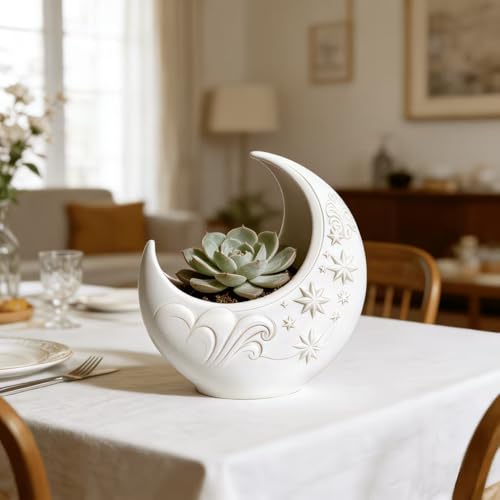 3D Printed Crescent Moon Shaped Planter Starry Sky Embossed Design Decorative Plant Pot for Small Succulents Indoor Houseplants Desktop Planter Container (White) - color: White