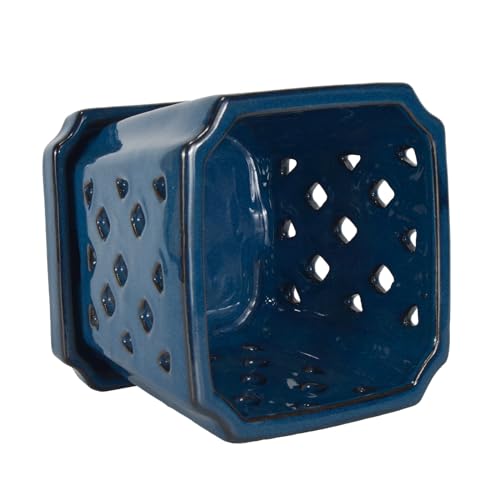 W&W Ceramic Orchid Pot with Holes and Saucer for Repotting, Blue, 7" - color: Blue