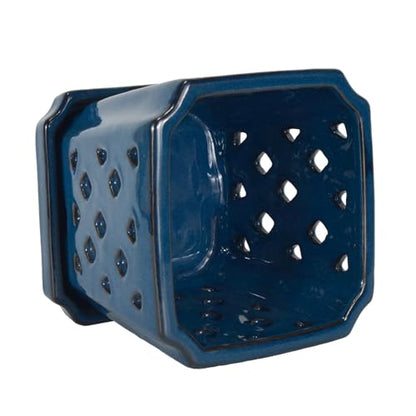W&W Ceramic Orchid Pot with Holes and Saucer for Repotting, Blue, 7" - color: Blue
