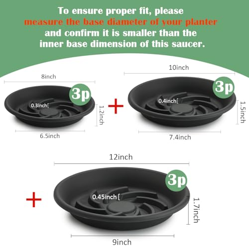 Plant Saucers 12/10/8 Inch 9 Pack, Elevated Heavy Duty Drip Tray, Gray - size: 8+10+12IN-9P