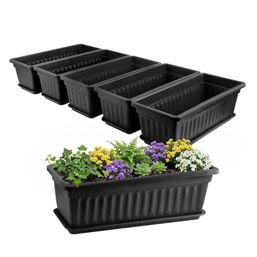 GREANER Rectangle Planters for Indoor Plants, 6 Pack 16.9x7.48 Inch Large Vegetable Flower Herb Window Boxes, Outdoor Plastic Growing Pots with Tray for House Windowsill Balcony Garden Use (Black) - color: Black, size: 6pcs/16.9x7.48in