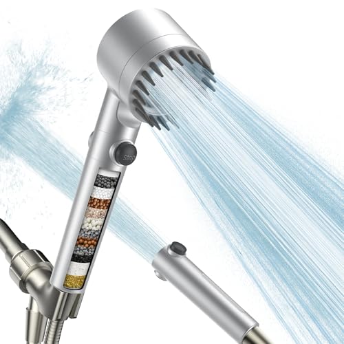 Filtered Shower Head with Handheld, High Pressure Water Flow and Multiple Spray Modes Shower Head with Filter, Power Wash for Hard Water, Showerhead with ON/OFF Switch for Pets Bath (Silver) - color: Silver
