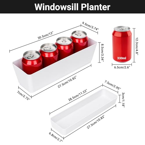 GREANER Flower Boxes, 3 Pack 12x3.8 Inch Rectangle Window Boxes, Herb Planters with Tray, Indoor Succulent Cactus Flowers Plastic Drawable Pot for Windowsill, Garden, Balcony, Office Outdoor (White) - size: 3Packs/12x3.8in