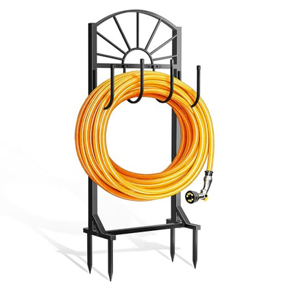 Garden Hose Holder, Upgraded Metal Water Hose Holder with 4 Hooks, Freestanding Heavy Duty Hose Hanger Stand Holds 150 FT Hoses, Detachable Hose Storage Rack for Outside Yard Lawn Farm (Black, Sun) - style: 4 Spikes-Sun
