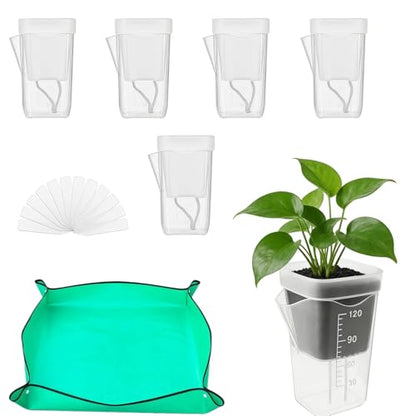 5 Pack 2" Mini Self Watering Pots for Indoor Plants, Clear Plastic Nursery Pots with Drainage Holes for Succulents, Cuttings, Herbs, Includes 50x50cm Gardening Mat