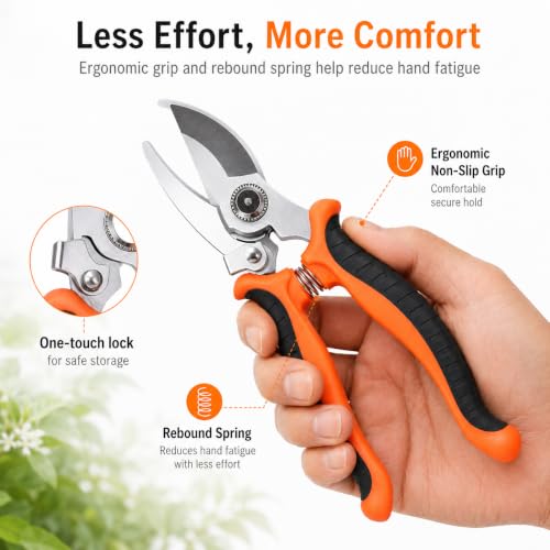 Labor-saving Pruning Shears, Carbon Steel Garden Pruner, Ergonomic Non Slip Hand Pruning Scissors with Safety Lock for Plant Stem Flower Shrub Orchard Home Gardening Trimming