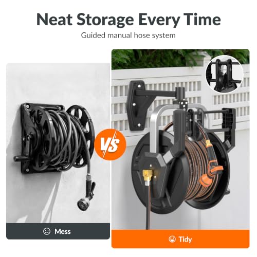 Giraffe Tools Garden Hose Reel, Wall Mounted 125FT 5/8" Hose Capacity, Heavy Duty Water Hose Reel for Outside, Retractable Hose Guide with Crank Handle, 210° Swivel, for Yard Lawn Garage