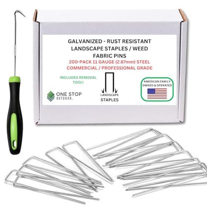 200-Pack 6 Inch Galvanized Landscape Staples 11 Gauge Garden Stakes Landscaping Fabric SOD Pins, Yard Stakes, Weed Barrier Fabric - with Removal Tool (200, Galvanized)