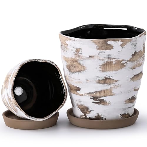 4+6 Inch Ceramic Planter Set of 2 with Drainage Hole,Saucer for Plants, Indoor-Outdoor Large Round Succulent Orchid Flower Pot- Cement Paint, Inner-pots not Larger Than 5 Inch Light Brown - color: Light Brown, size: 4inch+6inch-Set of 2
