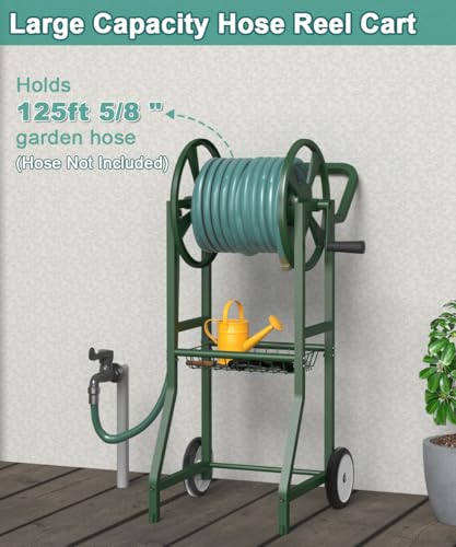 Artigarden Garden Hose Reel Cart with Wheels, Outdoor Heavy Duty Powder Coated Steel Water Winder Storage Holds 125 ft 5/8" Hose with 3.9ft Leader Hose and Basket for Backyard, Yard, Lawn, Green - color: Green