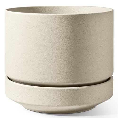 LE TAUCI Large 14 Inch Plant Pot with Saucer | Ceramic Outdoor & Indoor Big Planter Pot | Drainage Hole, Mesh Pad | Unglazed Porous | Modern Minimalist for Home and Patio – Speckled Oat - color: Speckled Oat, size: 14 Inch
