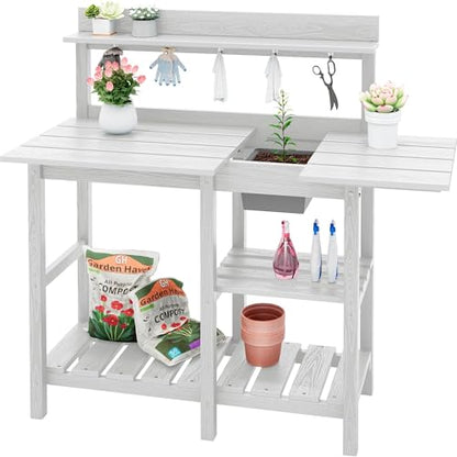 SERWALL Outdoor Potting Bench with Removable Sink,Gardening Table,White - color: White, size: Classic