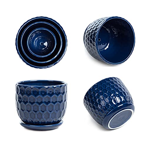 Ceramic Flower Pots with Drainage Hole and Saucer, North European Style Round Indoor Succulent Planters with Honeycomb Inspired Texture Design, Small to Medium-Sized, Set of 3, Navy Blue - size: 6.4"+5.2"+3.7" - Set of 3, style: Modern