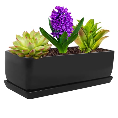 Vencer 14 Inch Rectangular Modern Minimalist Ceramic Succulent Planter Pot - Window Box with Saucer,Office Desktop Potted Stand,Black,VF-0175B - color: Black, size: 14 Inch