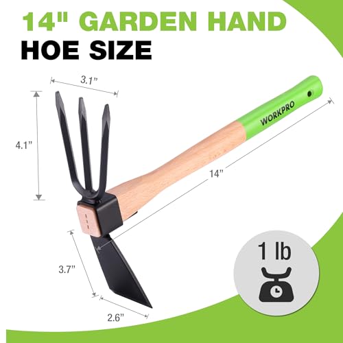 WORKPRO Hoe and Cultivator Garden Rake with 14" Wooden Handle