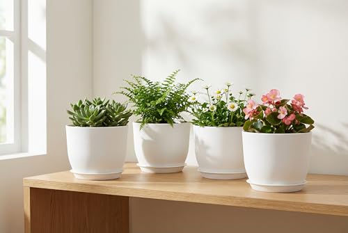 8 Inch Plant Pots Set of 4, Plastic Planters with Drainage Holes and Tray, Flower Pots for Indoor Outdoor Plants and Flowers (White) - color: White