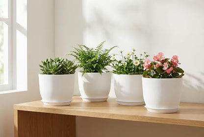 8 Inch Plant Pots Set of 4, Plastic Planters with Drainage Holes and Tray, Flower Pots for Indoor Outdoor Plants and Flowers (White) - color: White