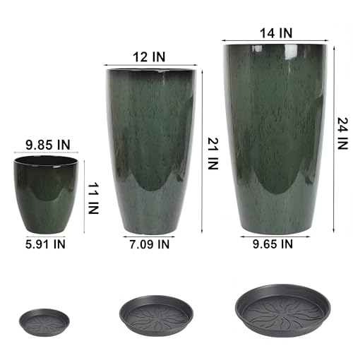 24,21,11 Inch Large Plastic Planters with Drainage Hole and Saucer - Set of 3 Tall Plant Pots Indoor Flower Pot Tall Round Planters Outdoor Large Tall Planter - color: Dark Green
