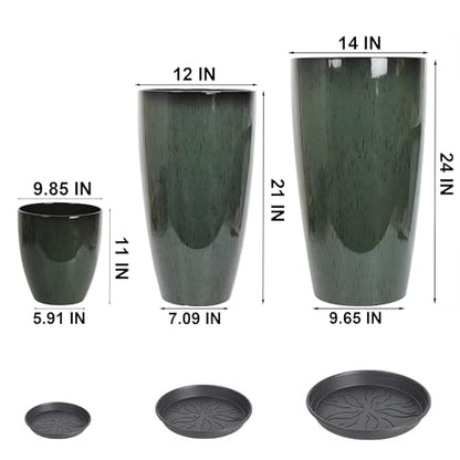 24,21,11 Inch Large Plastic Planters with Drainage Hole and Saucer - Set of 3 Tall Plant Pots Indoor Flower Pot Tall Round Planters Outdoor Large Tall Planter - color: Dark Green