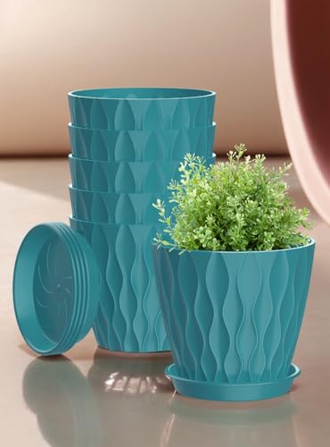 Set of 6 Plant Pots 4 inch Pots, Plastic Planters with Drainage Holes and Saucers,Plastic Flower Pots,Nursery Planting Pot for Indoor Out Door Plants（Blue） - color: Blue