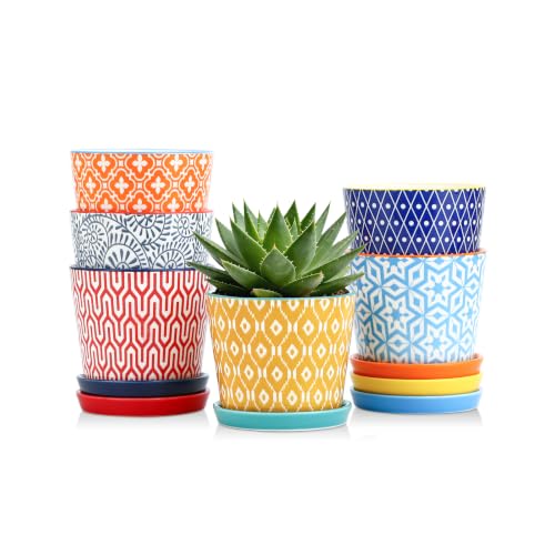 Selamica Ceramic Succulent Pots, 4.3 Inch Small Plant Pots with Drainage Holes and Saucers, Home Decor, Set of 6, Assorted Colors - color: Assorted Colors, size: 4.3 Inch, Set of 6