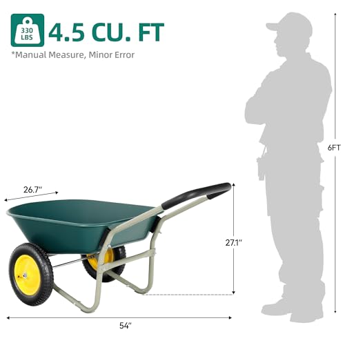 Autodaya Dual-Wheel Garden Cart, 14" Pneumatic Tires & Built-in Stand, 4.5 Cu Ft Utility Yard Wheelbarrow for Gardening, Soil, Construction, Easy Assembly - color: 330lb|dark Green-4.5 Cu Ft