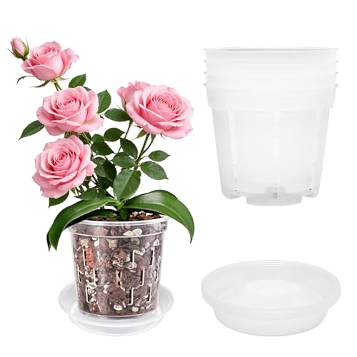 Orchid Pot with Saucers-Drainage Holes, 4 Pack 4 Inch Clear Plastic Breathable Slotted Pots for Repotting-Root Control Planter-Plastic Plant Pot for Butterfly Orchid, Hydroponics, Indoor & Outdoor - size: 4” with Saucers 4Pcs