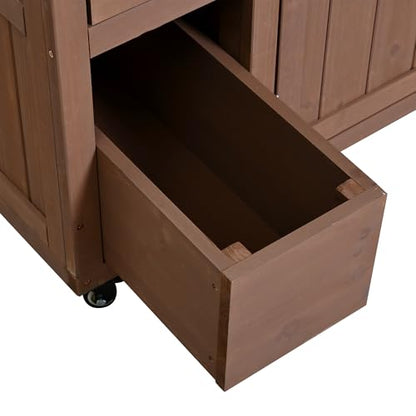GDFStudio Winford Patio Kitchen Island Cart with Extendable Top, Wooden Outdoor Storage Cabinet with Stainless Steel BBQ Prep Table Top, Drawers, Spice Rack and Lockable Wheels, Potting Bench, Brown - color: Brown