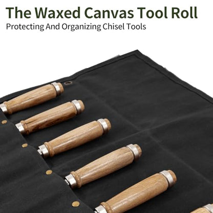 Chisel Roll, 6 Pockets Roll Up Tool Pouch, Waxed Canvas Small Tool Roll - color: Black