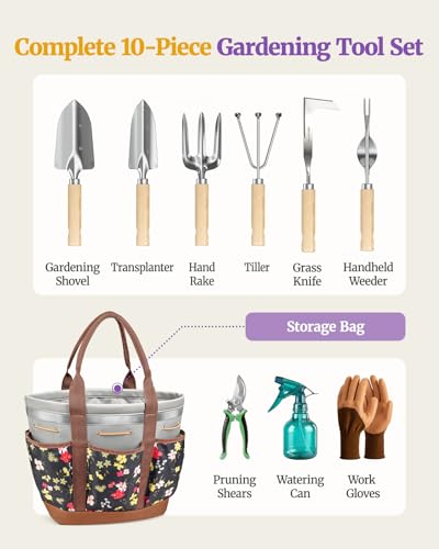 10Pcs Garden Tool Set, Rust-Proof Stainless Steel, Ash Wood Handles - color: Brown