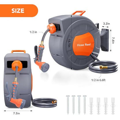 GAOMON Retractable Garden Hose Reel - 1/2 in x 72 ft, Wall Mounted, 9-Function Sprayer, Any Length Lock, 180° Swivel, Automatic Slow Rewind - size: 72FT