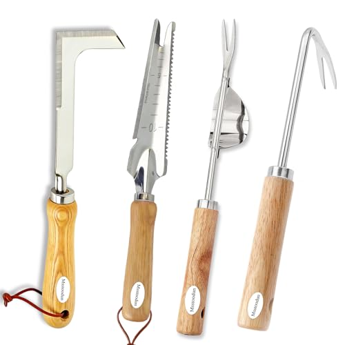 4PCS Garden Weeding Tool Set, Hand Weeder Tools with Wooden Handles, Double Claw Root Hook, V-Shape Weed Puller, Crack Weeder & Stainless Steel Garden Trowel for Digging, Planting & Weed Removal