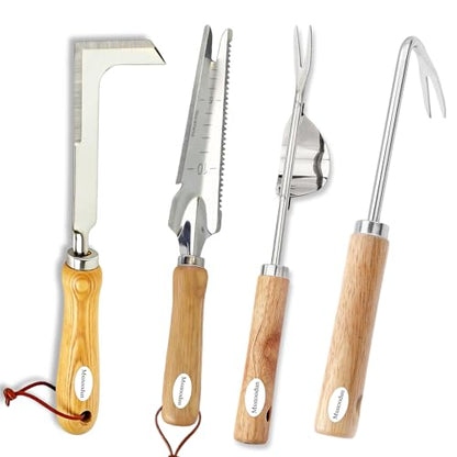 4PCS Garden Weeding Tool Set, Hand Weeder Tools with Wooden Handles, Double Claw Root Hook, V-Shape Weed Puller, Crack Weeder & Stainless Steel Garden Trowel for Digging, Planting & Weed Removal