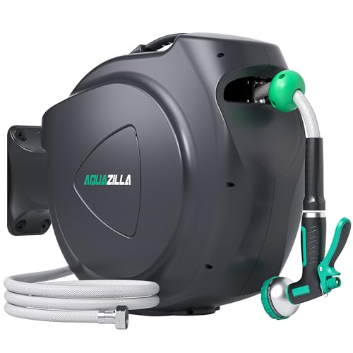 Retractable Garden Hose Reel, 65FT +6FT 5/8" Durable Wall Mounted Water Hose Reel with 180° Swivel Bracket, 9 Pattern Sprayer, 6Ft leader hose,Smooth Automatic Rewind, Any Length Lock. - size: 65Ft x 5/8"